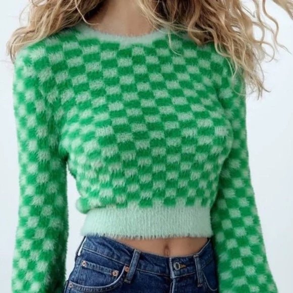 Zara Green Checkered Fuzzy Sweater, Size: M - Picture 1 of 4